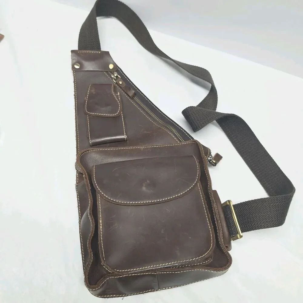 Vintage Crazy Horse Genuine Oiled Leather Men's Brown Sling Bag Pack Crossbody